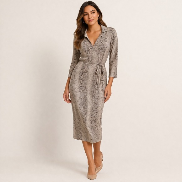 Warehouse Dresses & Skirts - Warehouse Women Snakeskin Stretch Midi Sheath Dress 10 Collared‎ Minimalist